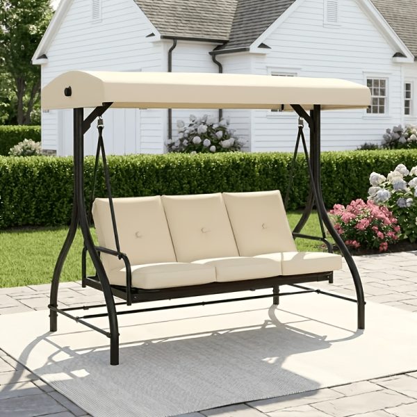 product-fancy-948d090a-e315-4245-aa42-f4602d466184 3-Seat Outdoor Porch Swing with Stand, Convertible Porch Swing Bed with Adjustable Canopy for Adults, Patio Swing Chair with Thickened Cushions for Yard Garden Deck 750LBS