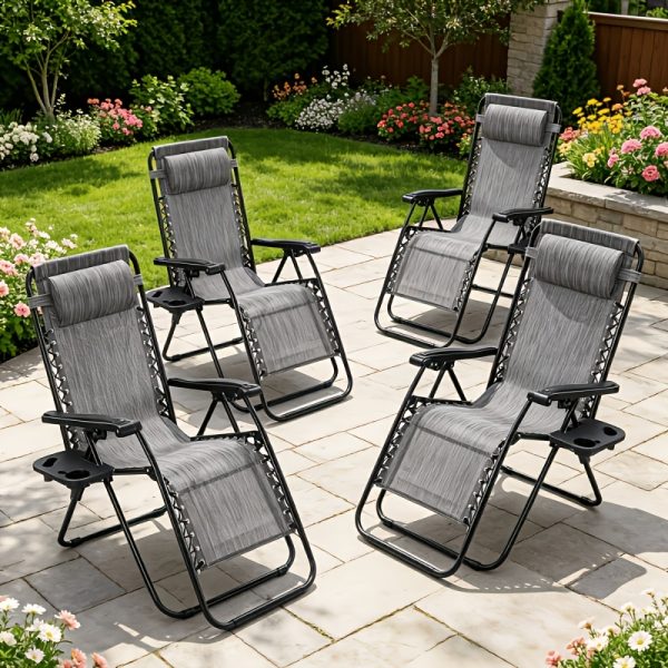 [Portable Foldable Chair] 4pcs Zero Gravity Lounge Chairs, Foldable Reclining Outdoor Chair with Pillow And Cup Holder, Space-Saving Portable Zero Gravity Chair for Patio, Poolside, Beach, Grassland, Camping