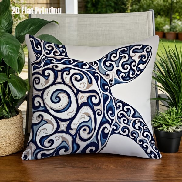 product-fancy-9512044b-f8e6-48a0-984d-59f760c1df0f 1pc Turtle Print Cushion Cover Suitable for Outdoor Indoor Use, 18x18 Inch Square Pillow Case with Zipper Closure, Blue White Gray Marine-Themed Decorative Cover for Garden Sofa Bed, Machine Washable Turtle Shell, 2D Flat
