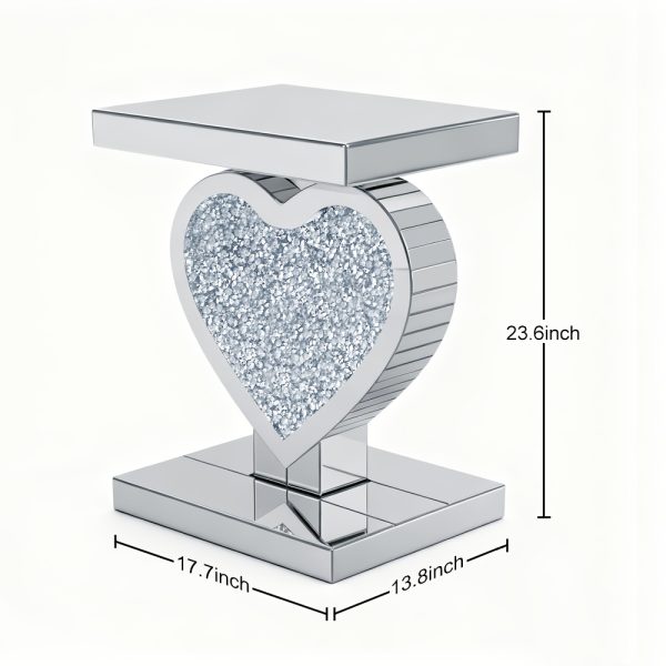 product-fancy-9542f3e7-fa2c-429c-8c85-db3d75c36389 Crushed Diamond Silvery Mirror Base Heart Shaped Side Table, Mirror Finish Decorative Table for Bedroom, Entryway, Living Room.Small Mirrored Coffee Table