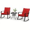 [Outdoor Rocking Chairs] 3pcs Outdoor Rocking Chairs Bistro Set, Black Iron Patio Furniture With Red Thickened Cushion & Glass-Top Coffee Table