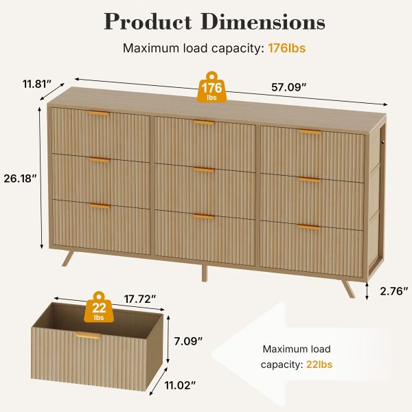 Bedroom Dresser with 9 Drawers, 57" Wide Modern Chest of Drawers, Wooden Dresser TV Stand, Wood Closet Clothes Storage Organizer for Living Room, Hallway, Natural Oak