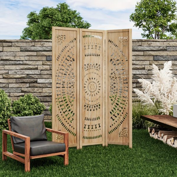 product-fancy-95a3ec84-41a2-45b2-9bb9-877222c86e31 3/6 Panel Boho Folding Room Divider - Carved Wood Privacy Screen, Adjustable Indoor/Outdoor Farmhouse Partition with Lightweight HDF Board & Wood Veneer Panels, Portable Room Divider for Home, Office, Garden, Patio Suitable for Privacy Screening