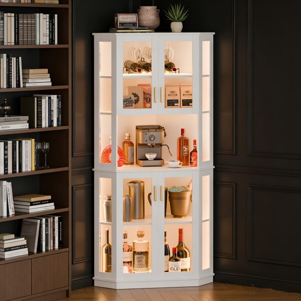 product-fancy-95bdd268-a1a1-4b80-b85b-4662babc1a04 65" Tall Corner Wine Bar Cabinet with LED Lights, 4-Tier Liquor Storage Cabinet with Glass Door, Space Saving Organizer for Living Room & Kitchen (Black/White)