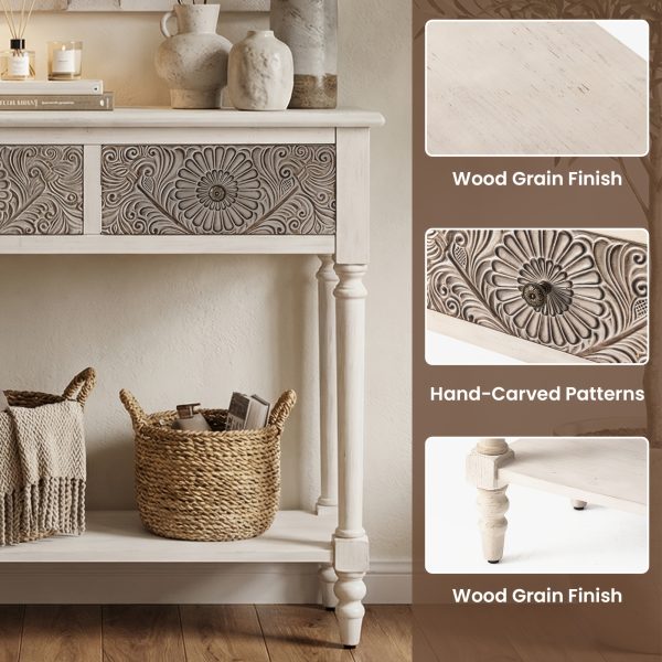 product-fancy-96052eeb-6a02-4064-a019-0067ad066b23 Carved MDF Console Table with 2 Drawers, Sunflower Vintage End Entryway Table for Hallway, Living Room - Antique Style Sofa Table with Floral Engraving, Rustic Accent Furniture