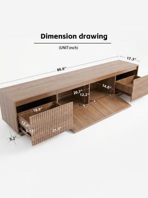 86.6" Wide Walnut TV Stand for Tvs Up to 85", Modern Fluted Door Media Console with Large Storage Cabinets for Living Room & Bedroom