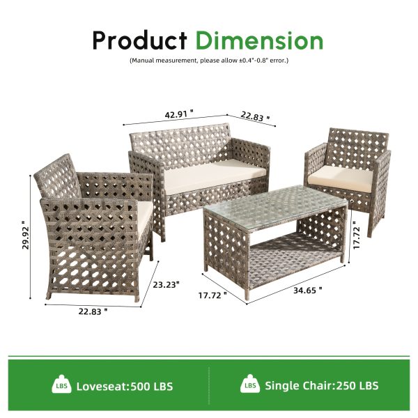 4pcs Outdoor Seating Arrangement, Durable Grey Rattan Garden Furniture Collection, Wicker Sofa with Chairs And Coffee Table, High-Back Rattan Loveseat with Comfortable Cushions for Patio, Available in 3 Fabric Color Choices