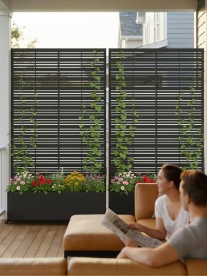 Privacy Fence with Planting Boxes Encrypted Metal Mesh Privacy Screen Black/Wood Grain Weather-Resistant Outdoor Fence Panels Ideal for Backyard Patios, Gardens, And Balconies Safety Barrier Protective Cover Create Outdoor Living Spaces And Decor