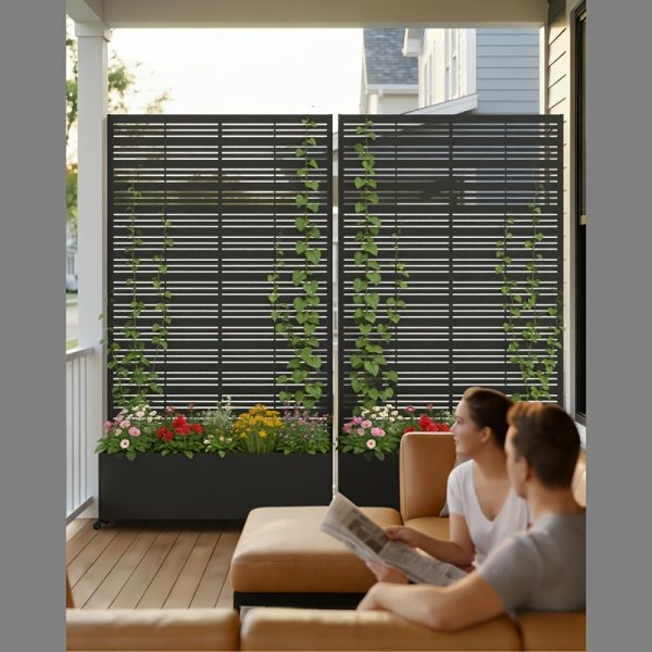 product-fancy-96bb7e6b-fffd-4359-aa51-2c5a50f6115a Privacy Fence with Planting Boxes Encrypted Metal Mesh Privacy Screen Black/Wood Grain Weather-Resistant Outdoor Fence Panels Ideal for Backyard Patios, Gardens, And Balconies Safety Barrier Protective Cover Create Outdoor Living Spaces And Decor