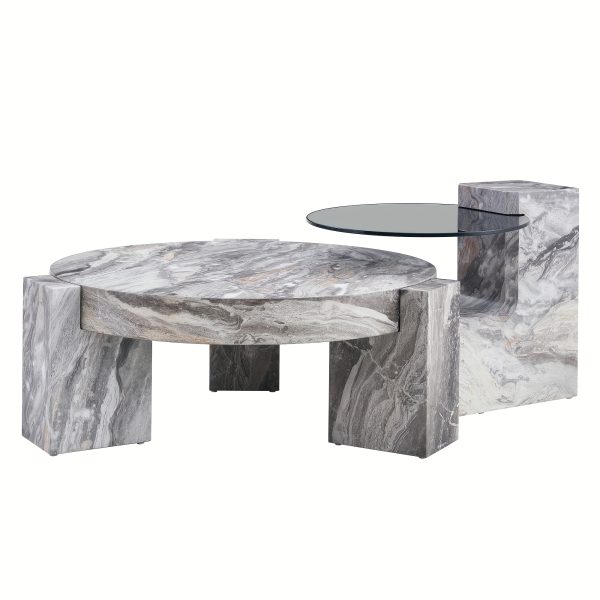 product-fancy-96eefaf5-12e6-4e6c-bba8-fe5f46477a6d MUUOKY Modern Round Nesting Coffee Table with Faux Marble Top & Glass Side Table - 24” Center Table Suitable for Living Room, 2-Tier Space-Saving, Easy Assembly, Luxury Apartment Furniture, Engineered Wood Base for Small Homes