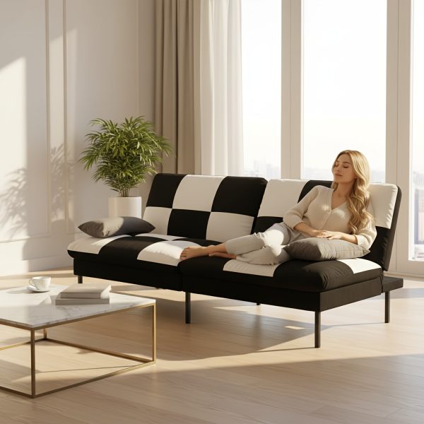 product-fancy-97170419-505a-4f69-a2c4-3fa2c81c9718 70" Futon Sofa Bed Convertible Sleeper | Velvet Upholstered Modern Split-Back Sofa with 5 Adjustable Positions, Metal Frame & Tapered Legs, Space-Saving for Home/Office/Guest Room, Easy Conversion