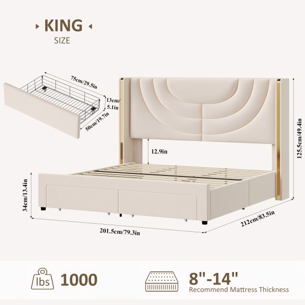 product-fancy-97251d4d-f7b3-4bde-8739-27cf5b9e26c0 FULTRU Upholstered LED Bed Frame in Full, Queen, Or King Size with Two Storage Drawers, Velvet Platform Bed Featuring a Wingback Headboard, Sturdy Wooden Slats for Support, No Need for a Box Spring, Headboard with a Splicing Design