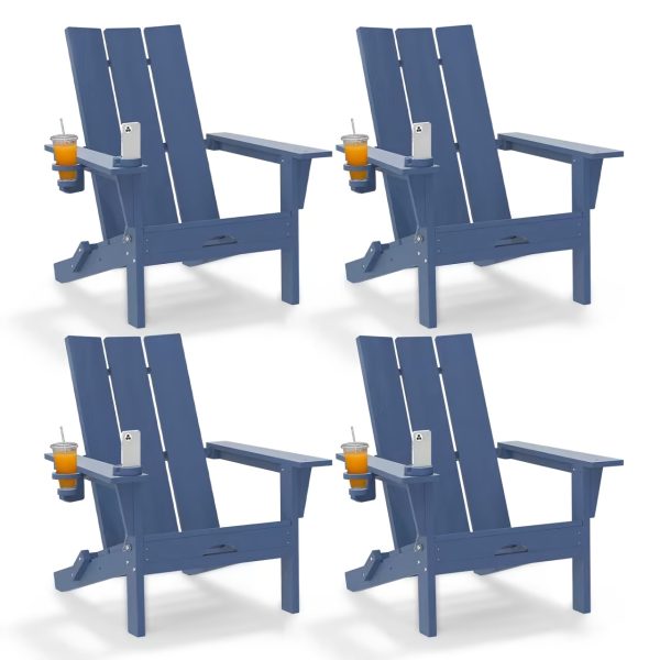 [Durable Outdoor Patio] Leasable 4pcs Folding Adirondack Chair Durable Oversized Ergonomic Plastic Outdoor Patio Furniture With Built-In Phone Holder And Cup Holder, Weather Resistant Fire Pit Chair For Patio Backyard, Deck