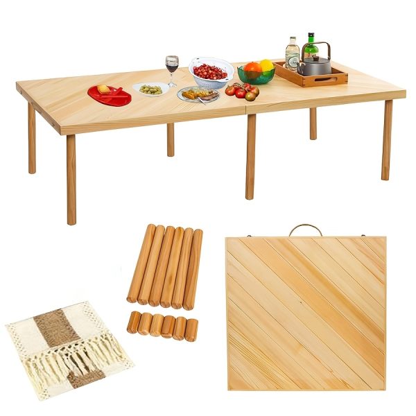 product-fancy-972a7a83-0bff-4e5c-b6aa-dae7b4ddb6fb Portable Bohemian Style Low Picnic Table | Foldable Beach and Outdoor Table with Tablecloth, Pine Wood, Suitable for Beach, Camping, Outdoor Gatherings, Backyard Use, Size: 59.8*29.9*16.9 inches