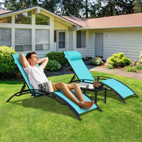 [Outdoor Lounge Chair] 2-Pcs Outdoor Lounge Chair With 1-Pcs Side Table, Patio Sunbathing Lounger, 5-Level Height Adjustable, Suitable For Garden, Pool, Beach, Outdoor Use