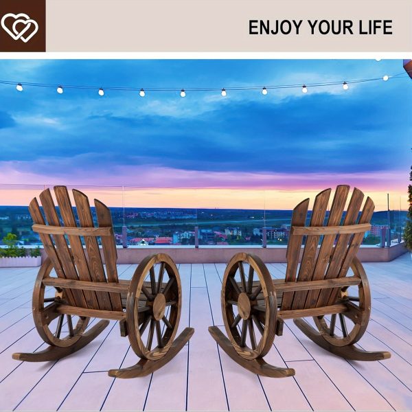 Outdoor Wood Rocking Chair Set Of 2 - Patio Wagon Wheel Rocking Chair 2pcs, Rustic Rocker Single Chairs for Country, Yard, Porch