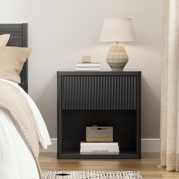 product-fancy-97b9ef41-3070-4d92-9ca9-d0af33ec9fbc Modern Space-Saving Nightstand with Hidden Drawers & Open Shelf - Curved Bedside Table Suitable for Small Bedrooms, Freestanding Assembly Required Bedside with Concealed Drawers and Open Shelves for Narrow Spaces