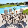 product-fancy-97cb6e8b-950e-4571-9ca2-d795d712db09 7pcs Outdoor Dining Table and Chairs for 6 People - Textilene Stackable Patio Furniture with Glass Table & Umbrella Hole Base Suitable for Deck, Poolside,, Backyard - Umbrella Not Included
