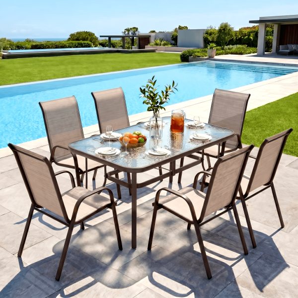 product-fancy-97cb6e8b-950e-4571-9ca2-d795d712db09 7pcs Outdoor Dining Table and Chairs for 6 People - Textilene Stackable Patio Furniture with Glass Table & Umbrella Hole Base Suitable for Deck, Poolside,, Backyard - Umbrella Not Included