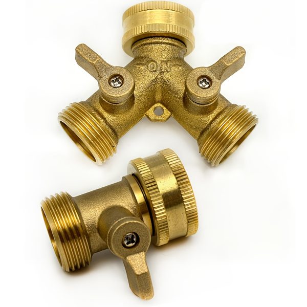 A Solid Brass Heavy-Duty Dual-Direction Y-Shaped Water Faucet Diverter, Weighing 166G, Made of Brass, Featuring a Garden Hose Splitter with Two Outlets And a GHT 3/4 Connector Valve, Includes Two 3/4" Waterproof Washers