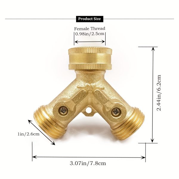 A Solid Brass Heavy-Duty Dual-Direction Y-Shaped Water Faucet Diverter, Weighing 166G, Made of Brass, Featuring a Garden Hose Splitter with Two Outlets And a GHT 3/4 Connector Valve, Includes Two 3/4" Waterproof Washers