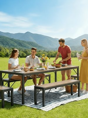 Non-Folding 5pcs Indoor & Outdoor Dining Table Set, 6 Seater Patio Kitchen Table with 2 Benches & 2 Stools, Industrial Space-Saving Set for Picnic, Camping, Backyard