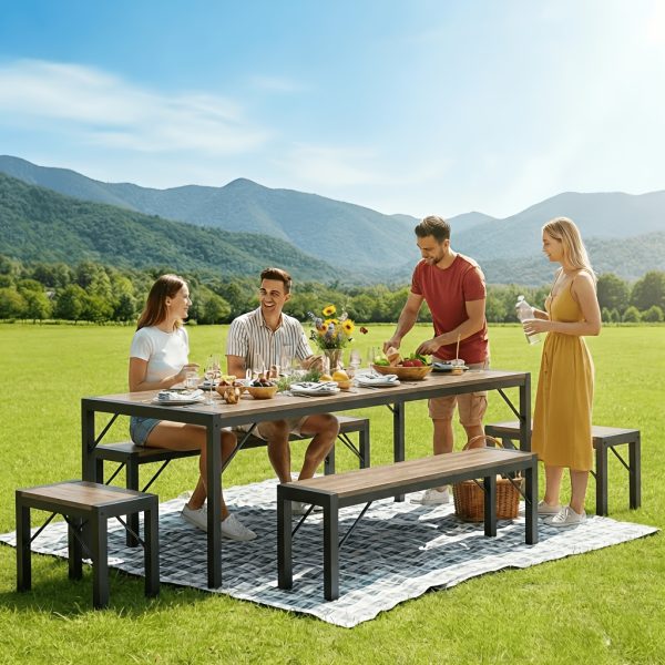 product-fancy-980e495c-c920-4a7c-a261-3c4327b6adcf Non-Folding 5pcs Indoor & Outdoor Dining Table Set, 6 Seater Patio Kitchen Table with 2 Benches & 2 Stools, Industrial Space-Saving Set for Picnic, Camping, Backyard