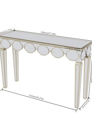 AESOME Luxury Elegant Mirrored Console Table 47.24 Rectangular Silver Mirrored Entryway Table Lantern-Shape Pattern Decor with Golden Rim Legs Sofa Side Tables Long Hallway Table for Foyer, Entrance, Offices Decor