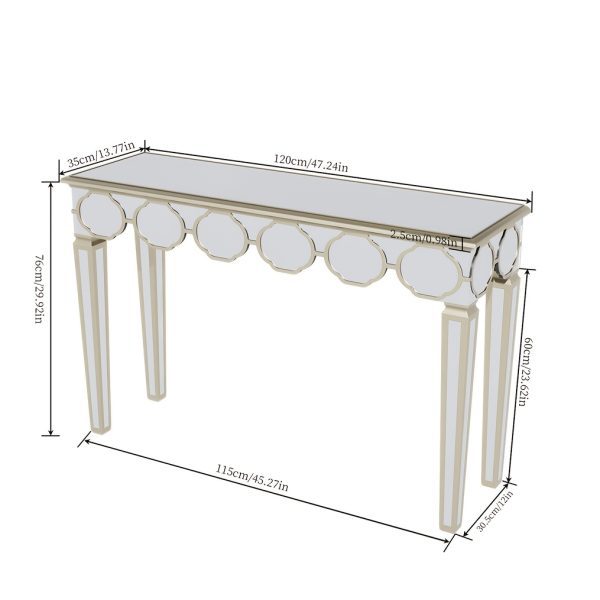 AESOME Luxury Elegant Mirrored Console Table 47.24 Rectangular Silver Mirrored Entryway Table Lantern-Shape Pattern Decor with Golden Rim Legs Sofa Side Tables Long Hallway Table for Foyer, Entrance, Offices Decor