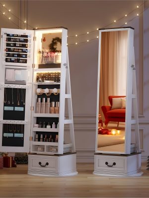 Vintage-Inspired 360° Swivel Jewelry Mirror Cabinet with Lights - Lockable, Full Length Organizer with Storage Drawer for Bedroom Decor - For Women - Perfect for Makeup & Jewelry Storage - Ideal Gift for Her