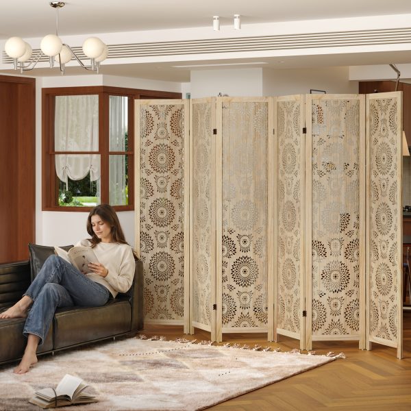 product-fancy-9862a1d2-e6fd-4424-b2de-3a21c4b1b4c2 6 Or 4 Panel Wood Screen Room Divider, Farmhouse Style Carved Boho Wall Dividers Folding Screens, Freestanding Hollow Partition Privacy Screen for Home Office Bedroom Studio Apartment, Natural