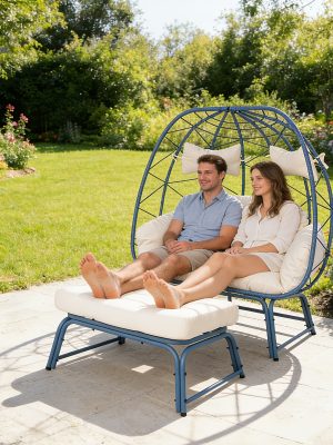Large Double Egg Chair with Stand for Outdoor Use, Spacious Hammock Chairs for Two, Lounge Chair with Ottoman, Extra-Large Patio Chair with Footrests, Cushions, Wicker Rattan Swing for Garden Or Backyard