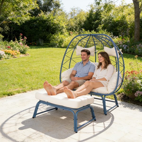 product-fancy-986b2759-772d-4557-bd26-ba54562941e0 Large Double Egg Chair with Stand for Outdoor Use, Spacious Hammock Chairs for Two, Lounge Chair with Ottoman, Extra-Large Patio Chair with Footrests, Cushions, Wicker Rattan Swing for Garden Or Backyard