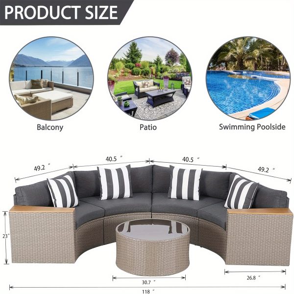 Outdoor Half Moon Patio Furniture 5pcs Curved Outdoor Sofa, All-Weather Outdoor Sectional Furniture Patio Conversation Sets with Round Tempered Glass Top Table with Cushion