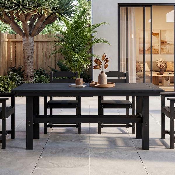 Modern Outdoor Dining Table for 6-Person Rectangle Indoor Outdoor Table with Umbrella Hole & Wood-Like Surface, Weather-Resistant Outside Dining Table for Patio Lawn Garden Backyard, 32.7" D X 70.9" W X 29.4" H