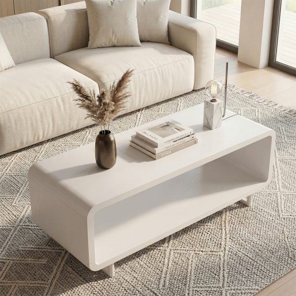 product-fancy-9990430d-ee89-44d5-9bb9-54a13150aa02 Wooden Coffee Table with Storage Shelf, Modern 2-Tier Rectangular Minimalist Center Table, Curved Profile Design for Living Room, Office