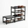 Shoe Storage Bench, 4-Tier Large Capacity Shoe Rack with Comfortable Seat, Industrial Shoe Organizer for Entryway, Black Metal Shoe Shelf Bench for Home Organization