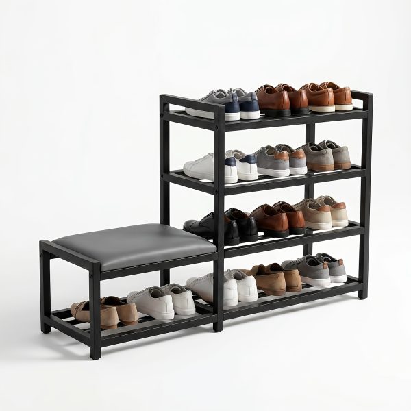 Shoe Storage Bench, 4-Tier Large Capacity Shoe Rack with Comfortable Seat, Industrial Shoe Organizer for Entryway, Black Metal Shoe Shelf Bench for Home Organization