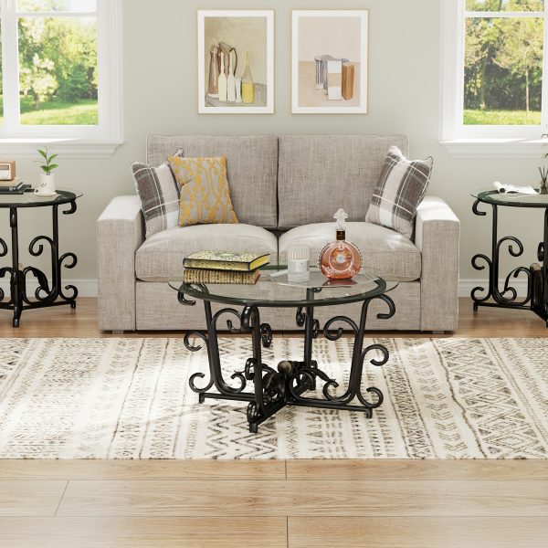 product-fancy-9b0181fc-cc91-4267-b38a-351b693f0936 3pcs Round Glass Coffee Table Set, Tempered Glass Top with Black Metal Frame, Modern Living Room Furniture Set with 1 Coffee Table & 2 End Tables for Apartment Small Spaces