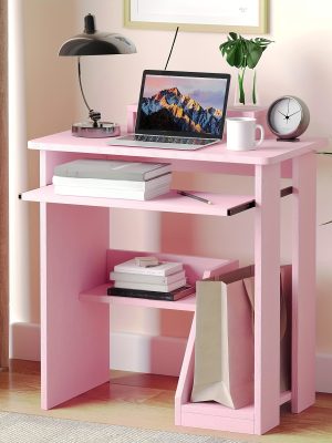 30" Pink Corner Computer Desk with Drawers - Space-Saving Design, Monitor Stand & Keyboard Tray, Ideal for Home Office or Bedroom, Sturdy Hardwood Construction