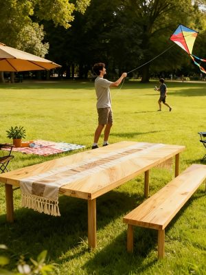 Portable Bohemian Style Low Picnic Table | Foldable Beach and Outdoor Table with Tablecloth, Pine Wood, Suitable for Beach, Camping, Outdoor Gatherings, Backyard Use, Size: 59.8*29.9*16.9 inches