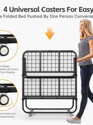 Compact & Durable 4-Section Folding Bed with Grey Fabric Cover - Sturdy Metal Frame, 75" x 31", Portable Roll-Away Design for Adults, Ideal for Guests, Students, Camping & Small Apartments, Garden Houses