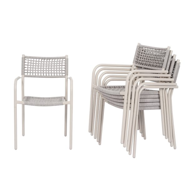 HARAISEDK Patio Dining Chairs Set Of 4/6 Stackable Ergonomic Rattan Armchairs All Weather Powder Coated Metal Frame Garden, Balcony, Poolside White/Gray