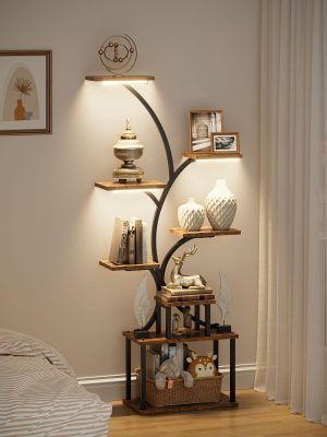 CODACE 1pc Bookcase with LED Lights, 8-tier Corner Display Stand, 62" Multi-functional Metal Display Shelf for Plants, Handicraft, Tree-shaped Plant Shelf for Living Room, Study, Bedroom, Balcony, Entrance, Home Decor, Good Gift Choice Easter's Gift