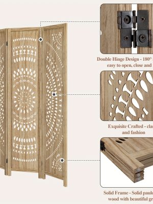 3/6 Panel Boho Folding Room Divider - Carved Wood Privacy Screen, Adjustable Indoor/Outdoor Farmhouse Partition with Lightweight HDF Board & Wood Veneer Panels, Portable Room Divider for Home, Office, Garden, Patio Suitable for Privacy Screening
