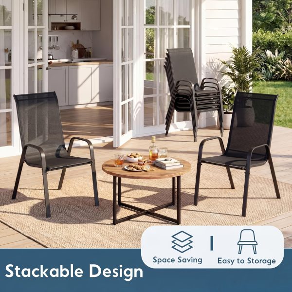 7pcs Outdoor Table And Chairs for 6, Outdoor Dining Set W/Rectangle Glass Table And 6 Patio Textilene Stackable Chairs, Patio Furniture Set W/Umbrella Hole, Umbrella Not Included