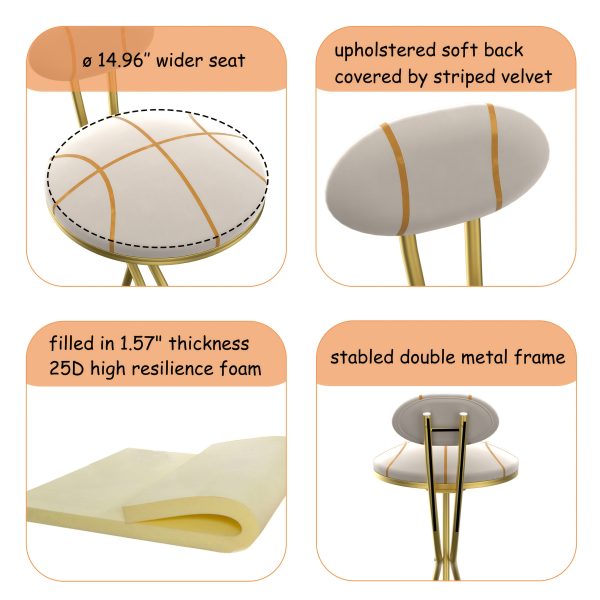 product-fancy-9d7bdffa-8170-4d6e-a070-f390e8c69a67 Pair of Contemporary Velvet Bar Stools with Counter Height, Featuring a Golden Metal Frame And S-Shaped Stripe Backrest, Upholstered Round Chairs Inspired by Basketball And Soccer, Complete with Footrest for Dining Areas, Kitchens, And Bars