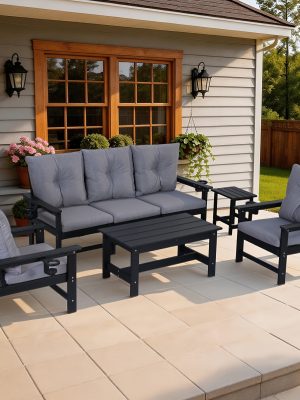 Outdoor Patio Furniture Set, 7pcs HDPE All Weather Free Combination Outdoor Furniture, Patio Conversation Sets W/ Sponge Cushions for Patio, Gaden, Yard Lawn Poolside