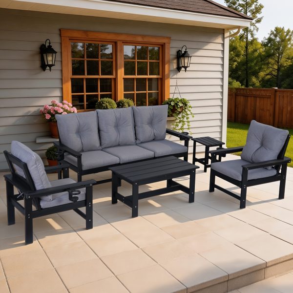 product-fancy-9dba352c-afcc-4769-83e8-26ba99862a36 Outdoor Patio Furniture Set, 7pcs HDPE All Weather Free Combination Outdoor Furniture, Patio Conversation Sets W/ Sponge Cushions for Patio, Gaden, Yard Lawn Poolside