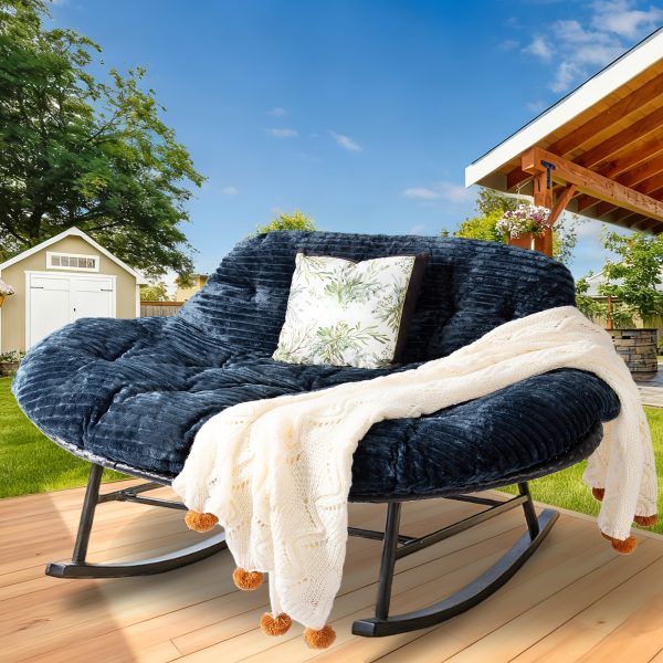 [Outdoor Rocking Chair] Double Outdoor Rocking Papasan Chair, 2-Person Oversized Loveseat Rocker with Thickened Soft Cushion And Rattan Wicker Frame for Patio, Garden, Balcony Relaxation